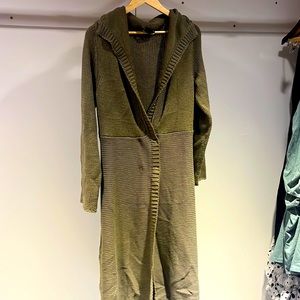 Long sweater, coat, olive green, gently worn. Size small but easily fits medium.